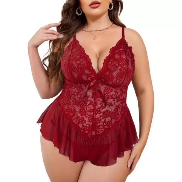 Avidlove Plus Size Women Lingerie Bodysuit Sexy Lace Teddy One Piece Babydoll Chemise L4XLDark Red