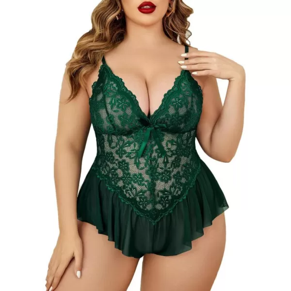 Avidlove Plus Size Women Lingerie Bodysuit Sexy Lace Teddy One Piece Babydoll Chemise L4XLLake Green