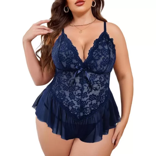 Avidlove Plus Size Women Lingerie Bodysuit Sexy Lace Teddy One Piece Babydoll Chemise L4XLNavy Blue