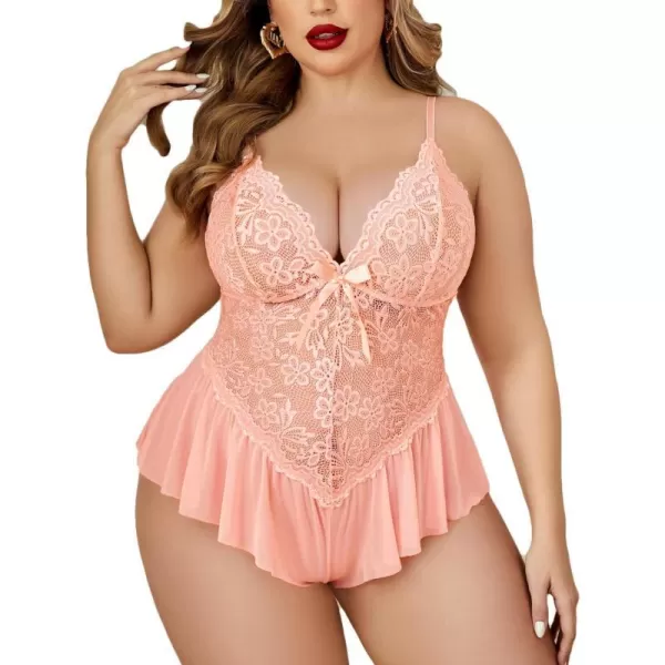 Avidlove Plus Size Women Lingerie Bodysuit Sexy Lace Teddy One Piece Babydoll Chemise L4XLOrange Pink