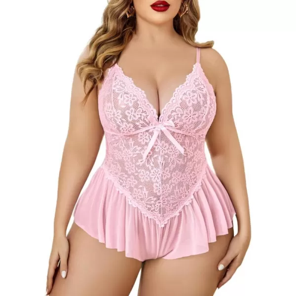 Avidlove Plus Size Women Lingerie Bodysuit Sexy Lace Teddy One Piece Babydoll Chemise L4XLPink