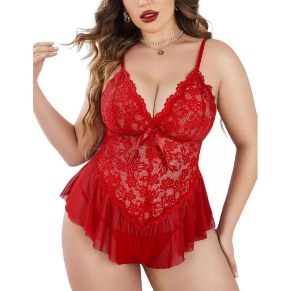 Avidlove Plus Size Women Lingerie Bodysuit Sexy Lace Teddy One Piece Babydoll Chemise L4XLRed