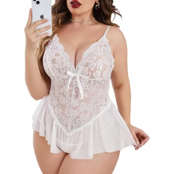 Avidlove Plus Size Women Lingerie Bodysuit Sexy Lace Teddy One Piece Babydoll Chemise L4XLWhite