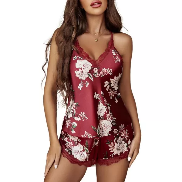 Avidlove Satin Pajamas Set Sleepwear Womens Sexy Lingerie Cami Shorts Set Nightwear SXXLWine Red Flowers