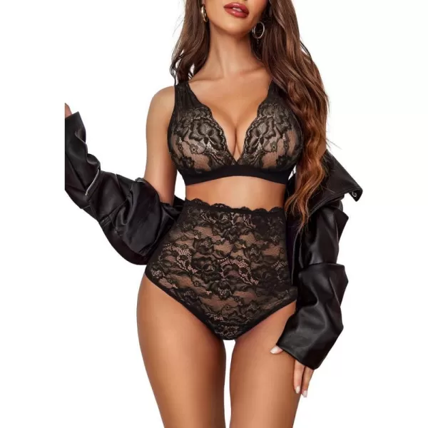 Avidlove Sexy Lingerie for Women High Waist Bra and Panty Set Strappy Babydoll BodysuitBlack