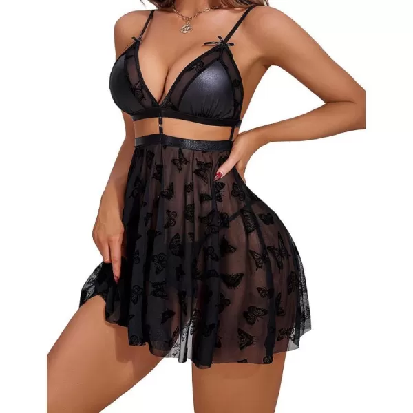 Avidlove Sexy Nightdress for Women Lace Babydoll Mesh Nightgown V Neck Teddy Open Back LingerieBlack Butterfly