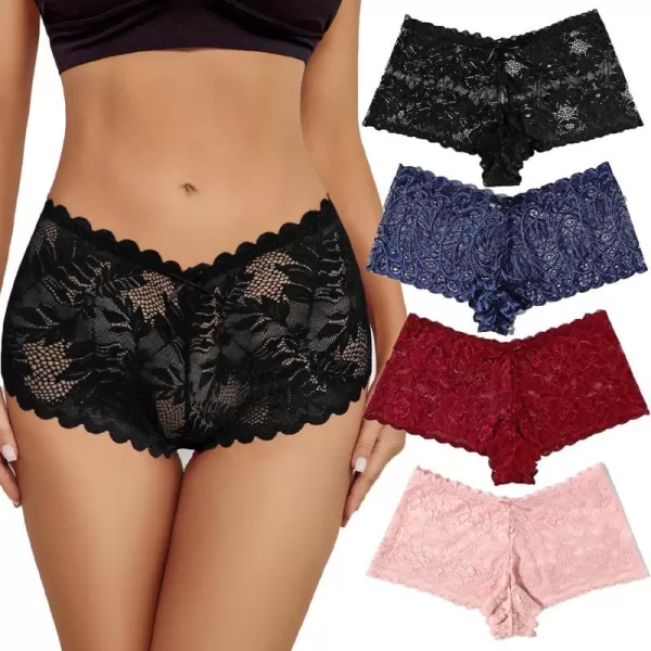 Avidlove Sexy Womens Underwear Floral Lace Boyshort Panties High Waist Cheeky Panty Pack of 4Black BBurgundy DPink aNavy Blue C