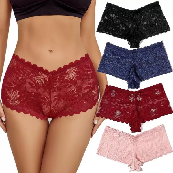 Avidlove Sexy Womens Underwear Floral Lace Boyshort Panties High Waist Cheeky Panty Pack of 4Black DBurgundy BPink CNavy Blue a