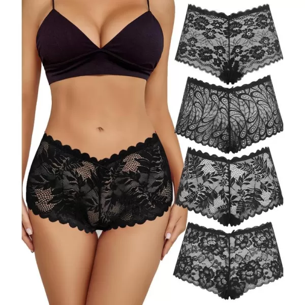 Avidlove Sexy Womens Underwear Floral Lace Boyshort Panties High Waist Cheeky Panty Pack of 4Black aBlack BBlack CBlack D