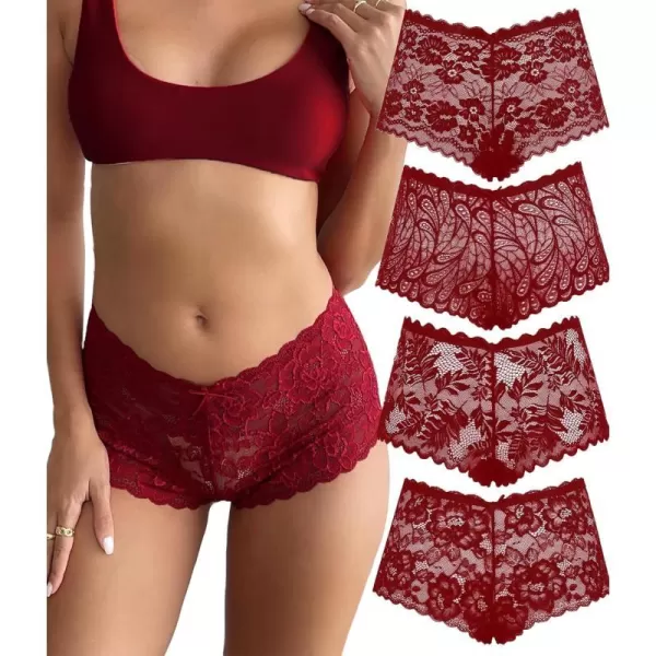 Avidlove Sexy Womens Underwear Floral Lace Boyshort Panties High Waist Cheeky Panty Pack of 4Burgundy aBurgundy BBurgundy CBurgundy D