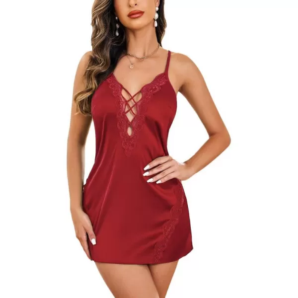 Avidlove Women Chemise Lingerie Satin Lace Nightgown Lace Babydoll Sleepwear Dress1 Dark Red