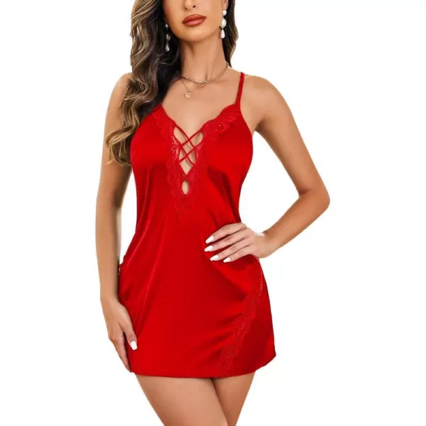 Avidlove Women Chemise Lingerie Satin Lace Nightgown Lace Babydoll Sleepwear Dress1red