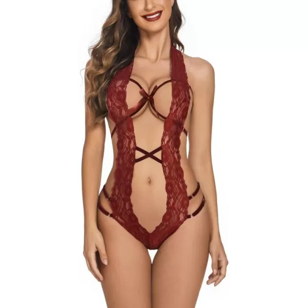 Avidlove Women Deep V Halter Lingerie Teddy One Piece Bodysuit Lace Babydoll1dark Red