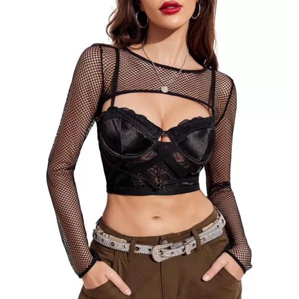 Avidlove Women Fishnet Long Sleeve Crop Top See Through Shirt Sheer Blouse Sexy OutfitsBlack