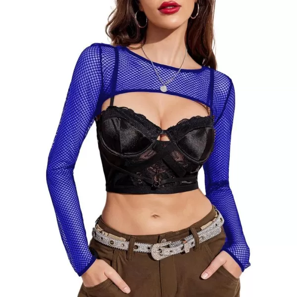 Avidlove Women Fishnet Long Sleeve Crop Top See Through Shirt Sheer Blouse Sexy OutfitsBlue