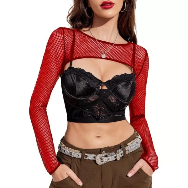 Avidlove Women Fishnet Long Sleeve Crop Top See Through Shirt Sheer Blouse Sexy OutfitsRed