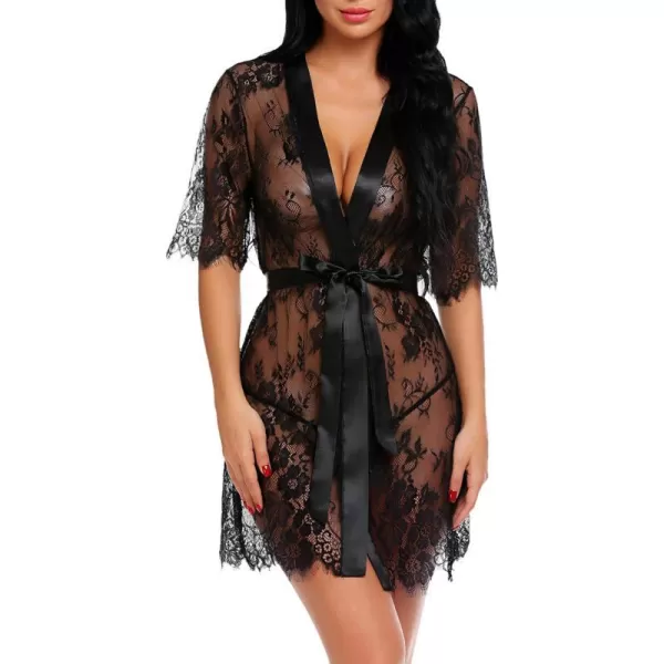 Avidlove Women Kimono Robe Floral Lace Babydoll Lingerie Sheer Mesh Nightgown1black