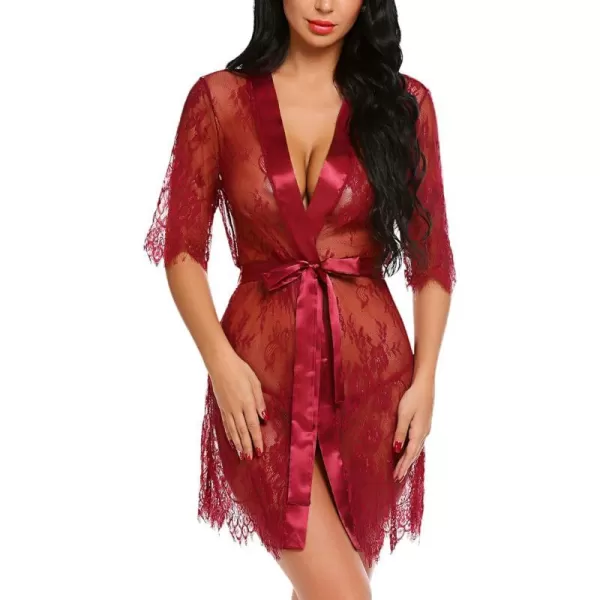 Avidlove Women Kimono Robe Floral Lace Babydoll Lingerie Sheer Mesh NightgownDark Red