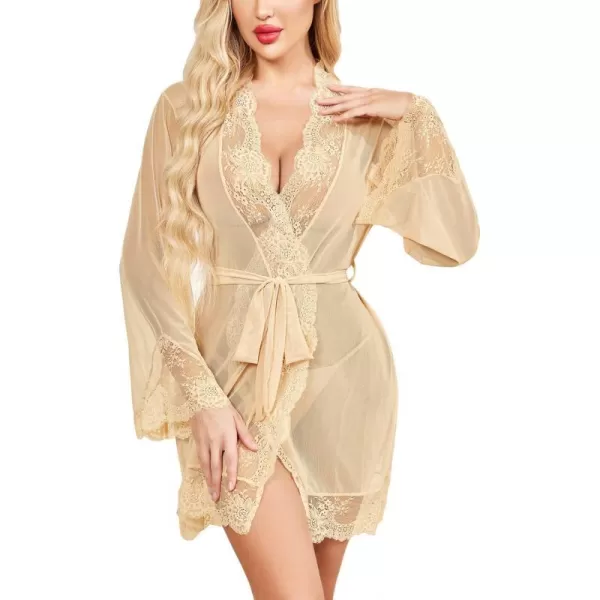 Avidlove Women Lace Kimono Robe Babydoll Sexy Lingerie Mesh Chemise Nightgown Cover UpLight Khaki