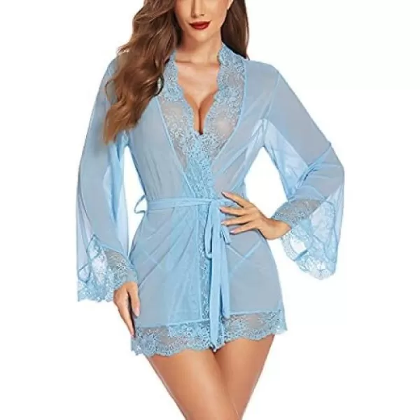 Avidlove Women Lace Kimono Robe Babydoll Sexy Lingerie Mesh Chemise Nightgown Cover UpSky Blue