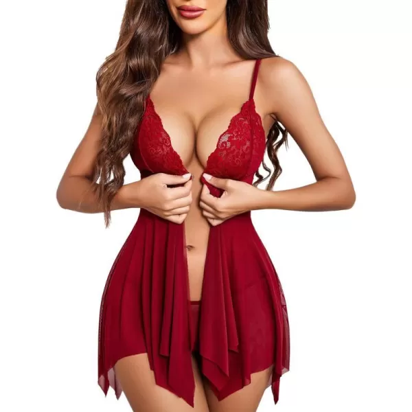 Avidlove Women Lace Lingerie Front Closure Babydoll V Neck Nightwear Sexy Chemise NightieDeep Red