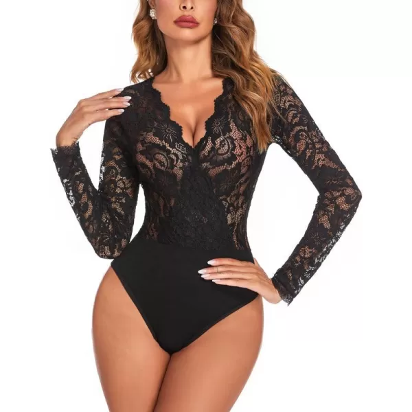 Avidlove Women Lace Short Sleeve Bodysuit Sexy Deep V Snap Crotch Leotard Tops SXXLLong Sleeve Blackwith Snap Crotch