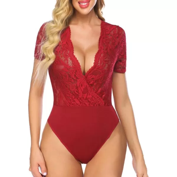 Avidlove Women Lace Short Sleeve Bodysuit Sexy Deep V Snap Crotch Leotard Tops SXXLShort Sleeve Wine Redwith Snap Crotch