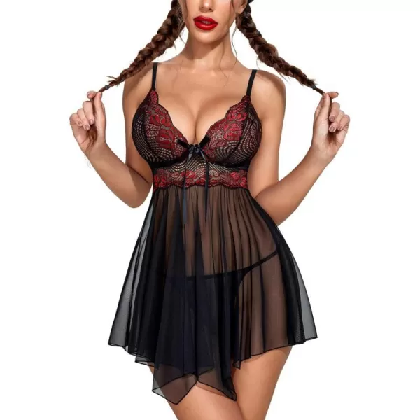 Avidlove Women Lingerie Babydoll Lace Nightgown Mesh Chemise Boudoir Nighty Teddy LingerieBlackampred