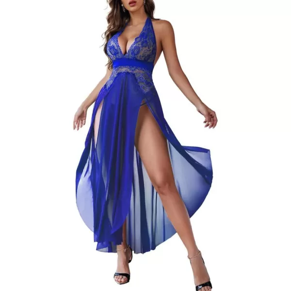 Avidlove Women Lingerie Deep V Neck Nightwear One Piece Sexy Nightgowns Mosaic Lace Mesh DressBlue