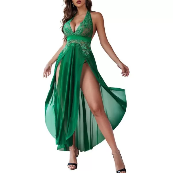 Avidlove Women Lingerie Deep V Neck Nightwear One Piece Sexy Nightgowns Mosaic Lace Mesh DressChristmas Green