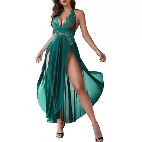 Avidlove Women Lingerie Deep V Neck Nightwear One Piece Sexy Nightgowns Mosaic Lace Mesh DressDark Green