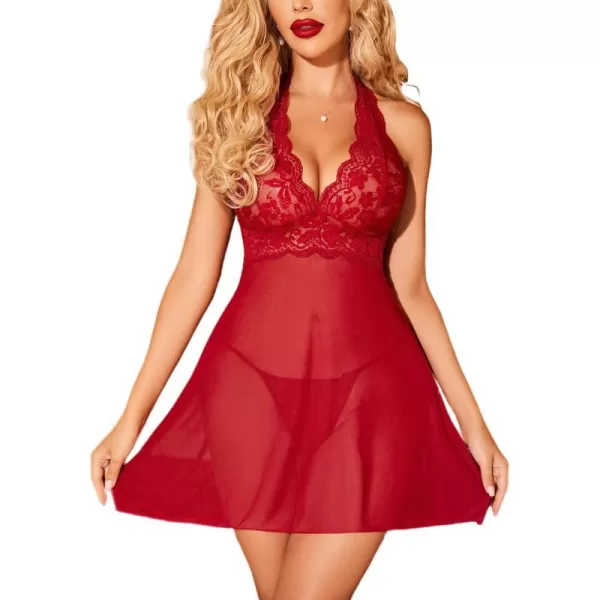 Avidlove Women Lingerie Halter Chemise Lace Babydoll Mesh Nightwear V Neck TeddyAdark Red