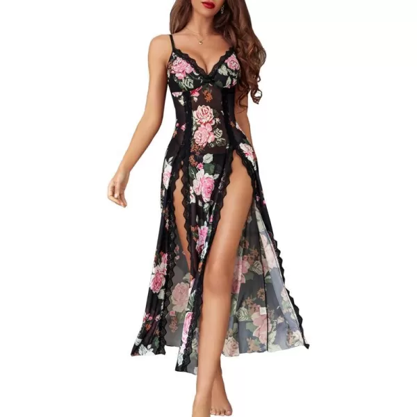 Avidlove Women Lingerie Lace Babydoll Chemise Sexy Mesh Nightdress V Neck Nightwear Side Split NightgownBlack Floral