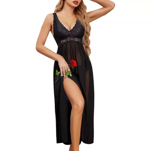 Avidlove Women Lingerie Lace Babydoll Nightdress Mesh Chemise V Neck Sleepwear1black