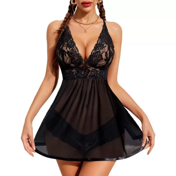 Avidlove Women Lingerie Lace Babydoll Strap Chemise Halter Teddy V Neck Mesh NightgownA Black