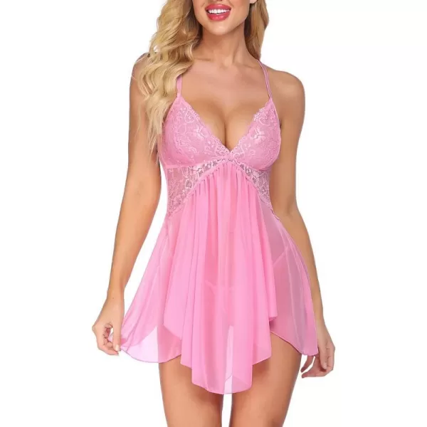 Avidlove Women Lingerie Lace Babydoll V Neck Sexy Sleepwear Strap ChemiseLight Pink