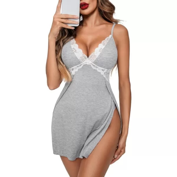 Avidlove Women Lingerie Lace Chemise Sexy Nightgown Modal Babydoll Side Slit SleepwearGreyampwhite