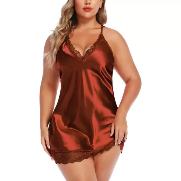 Avidlove Women Lingerie Plus Size Satin Lace Chemise Nightgown Sexy Full Slips Sleepwear L4XLDark Brown