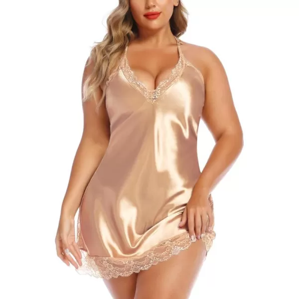 Avidlove Women Lingerie Plus Size Satin Lace Chemise Nightgown Sexy Full Slips Sleepwear L4XLGolden