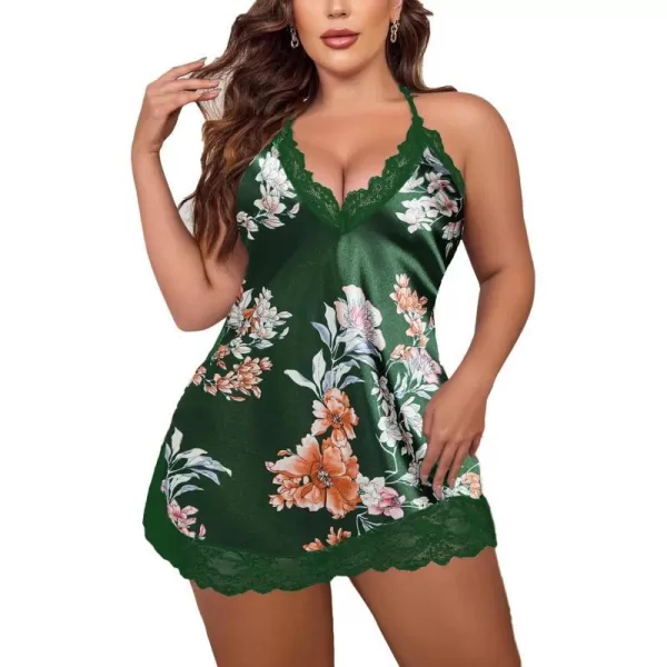 Avidlove Women Lingerie Plus Size Satin Lace Chemise Nightgown Sexy Full Slips Sleepwear L4XLGreen Floral