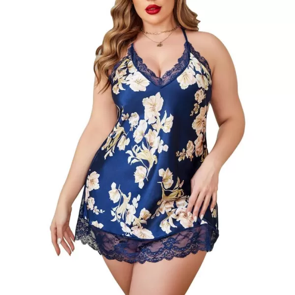 Avidlove Women Lingerie Plus Size Satin Lace Chemise Nightgown Sexy Full Slips Sleepwear L4XLNavy Blue Floral