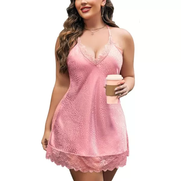 Avidlove Women Lingerie Plus Size Satin Lace Chemise Nightgown Sexy Full Slips Sleepwear L4XLPink Leopard