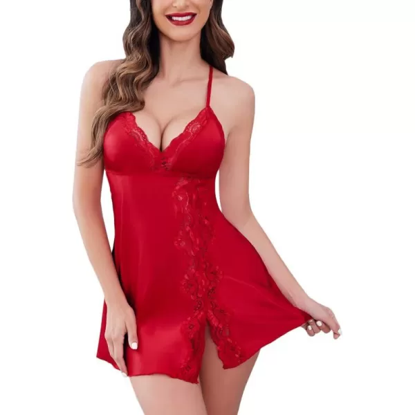 Avidlove Women Lingerie Satin Lace Chemise Nightgown V Neck Sexy Full Slips Sleepwear Dress1 Ared