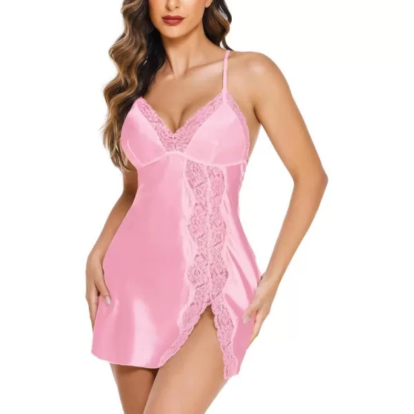 Avidlove Women Lingerie Satin Lace Chemise Nightgown V Neck Sexy Full Slips Sleepwear DressPink