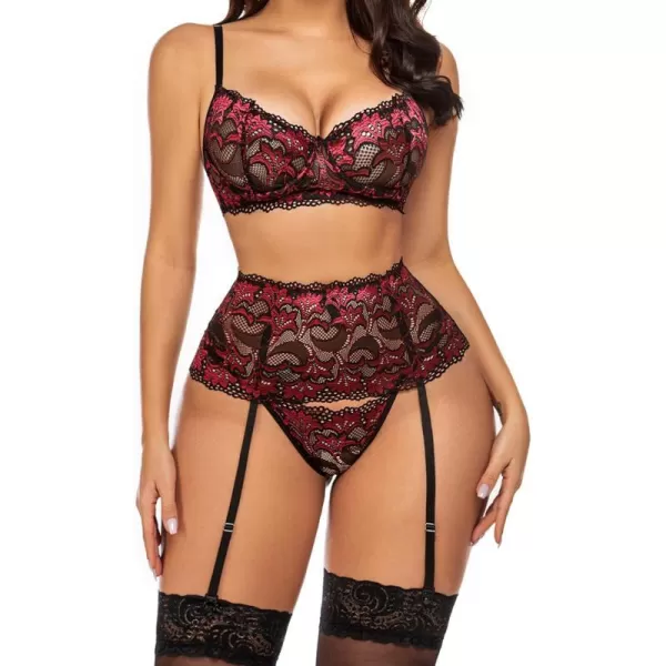 Avidlove Women Lingerie Set High Waisted Underwire Lingerie With Garter Belt Lace BabydollDark Red