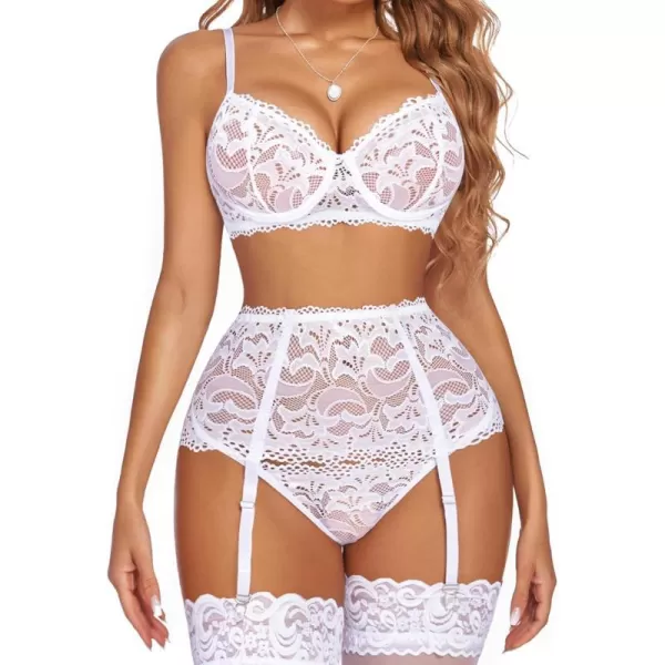 Avidlove Women Lingerie Set High Waisted Underwire Lingerie With Garter Belt Lace BabydollPure White