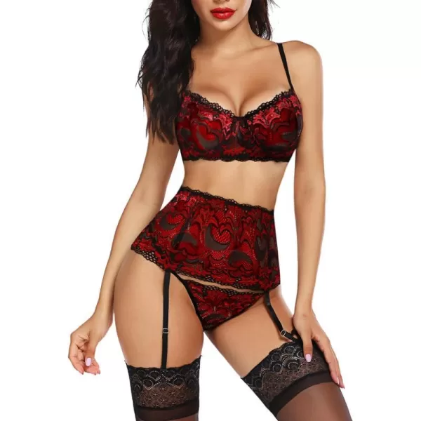 Avidlove Women Lingerie Set High Waisted Underwire Lingerie With Garter Belt Lace BabydollRed