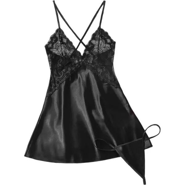 Avidlove Women Lingerie V Neck Nightwear Satin Sleepwear Lace Chemise Mini TeddyBlack02