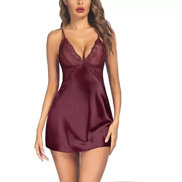 Avidlove Women Lingerie V Neck Nightwear Satin Sleepwear Lace Chemise Mini TeddyDark Red