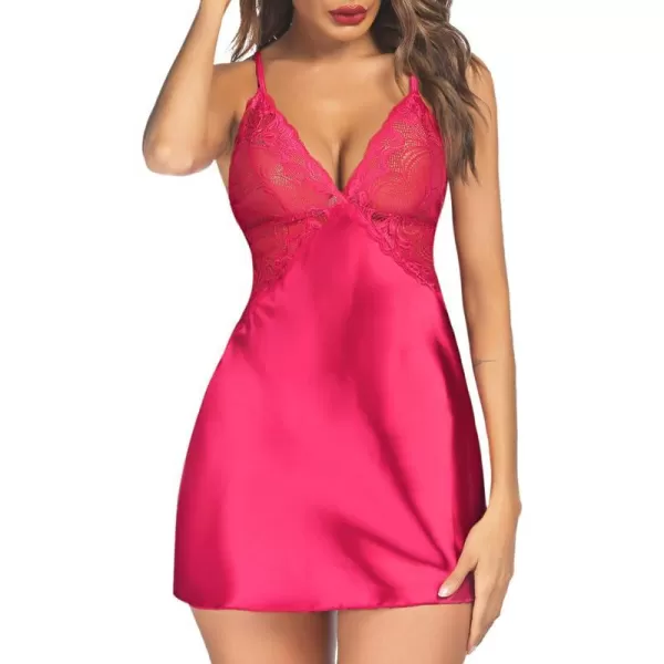 Avidlove Women Lingerie V Neck Nightwear Satin Sleepwear Lace Chemise Mini TeddyPinkish Red